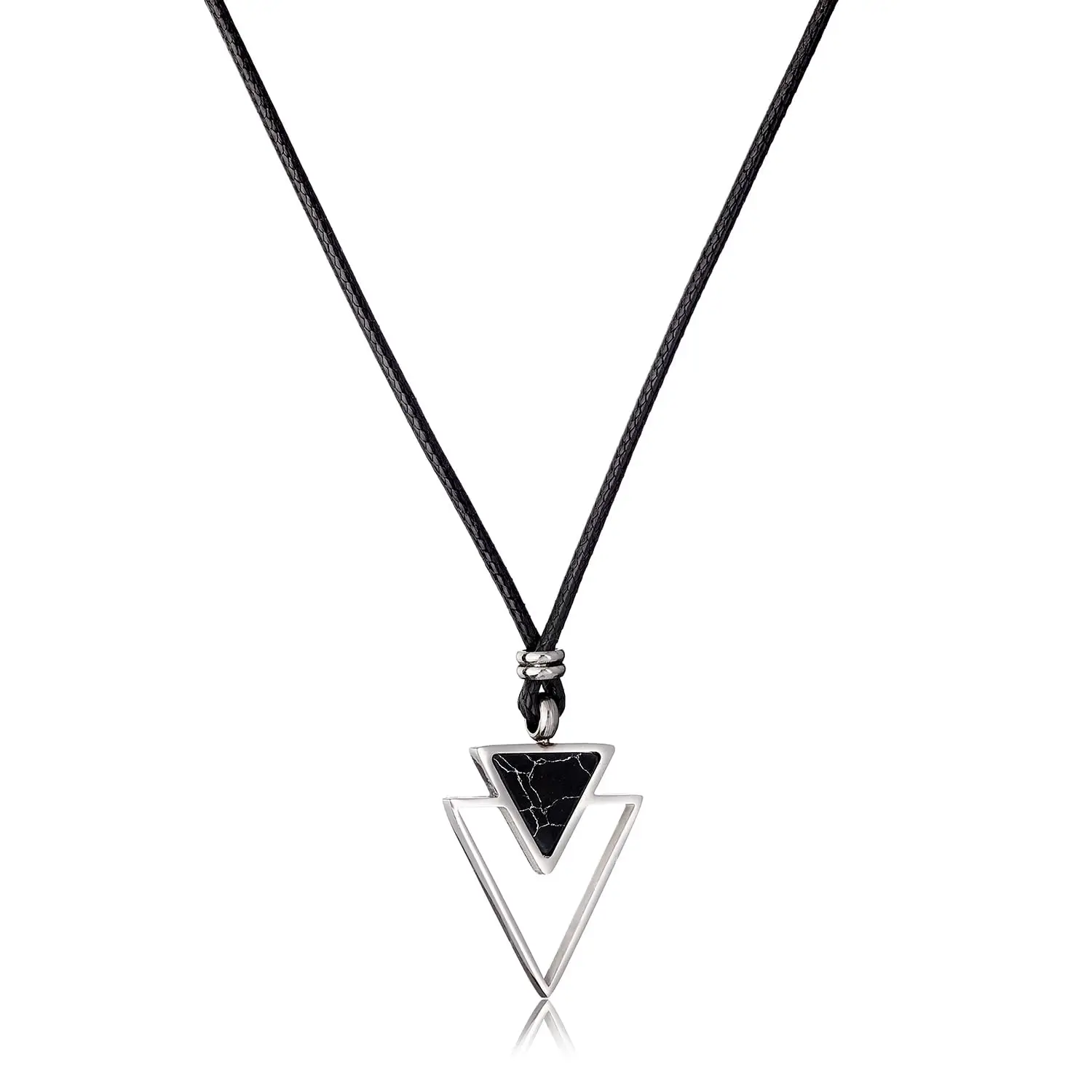 Black cord leather necklace natural gemstone triangle black marble pendant 925 sterling silver fine necklaces for man