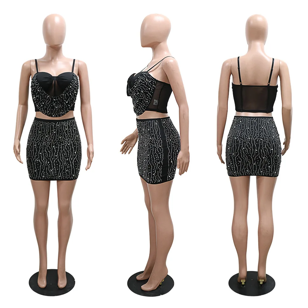 IHOOV Fashionable Short Top and Bodycon Skirt with Rhinestone Embellishments Two-Piece Set for Women
