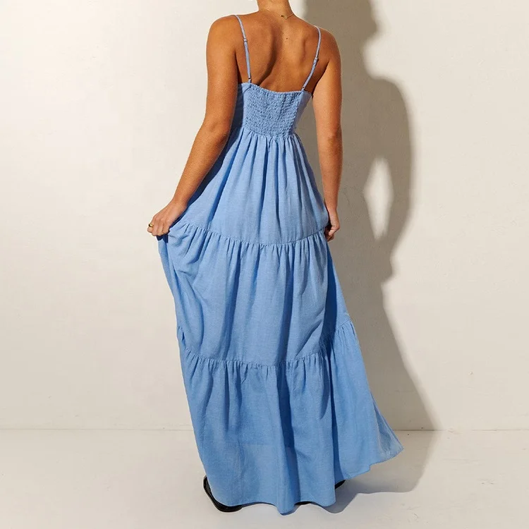 Low MOQ Factories Custom Maxi Dresses Women Summer Clothing High Quality Hollow Out Pleated Linen Beach Vaction  Dress