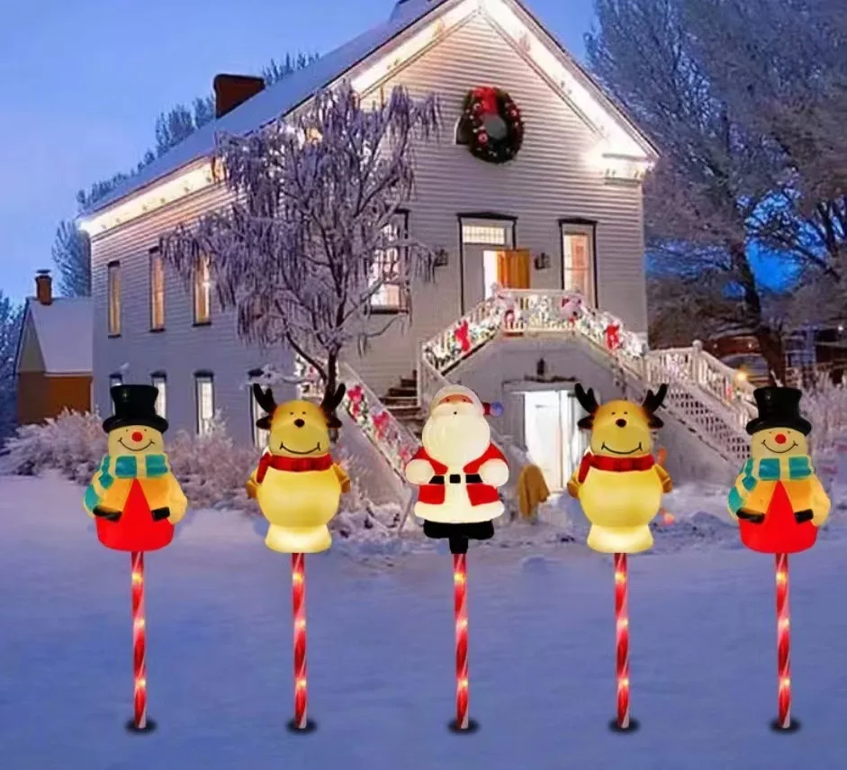 Led Solar Christmas  5in1 12 in 1 Strawberry Snowflake Candy Cane Stake Light For Garden Park Lawn Landscape Holiday Party Decor