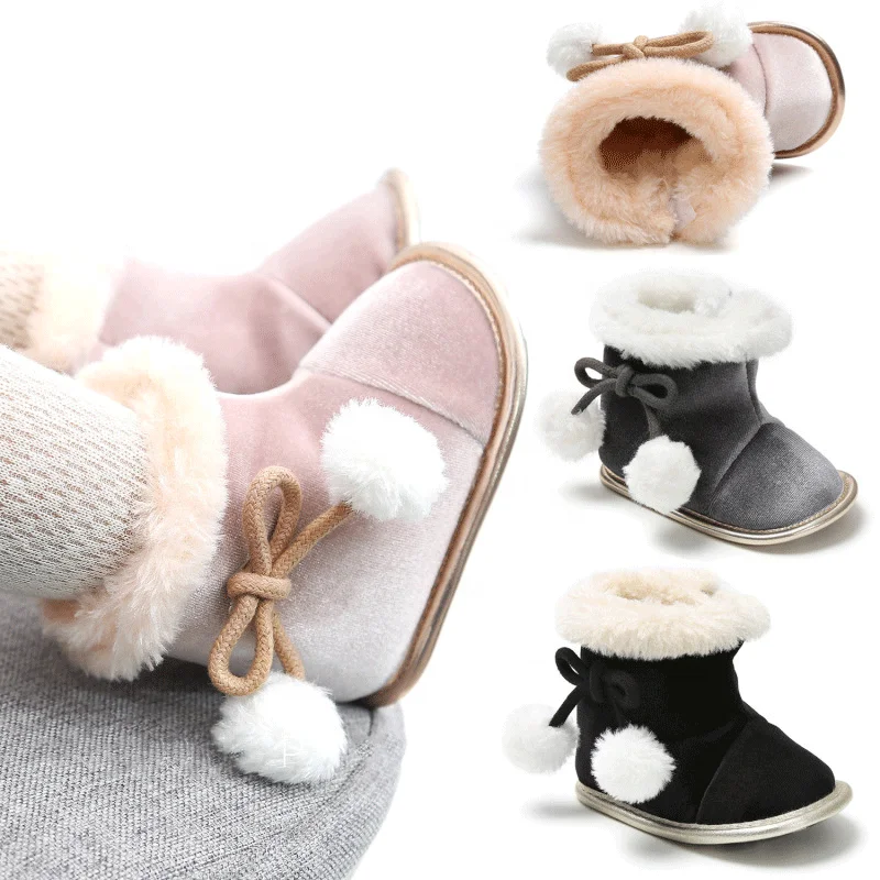 
Plush Comfortable Solid Color Bowtie Anti-slip Shoes Infant Unisex Shoes Baby Snow Boots 