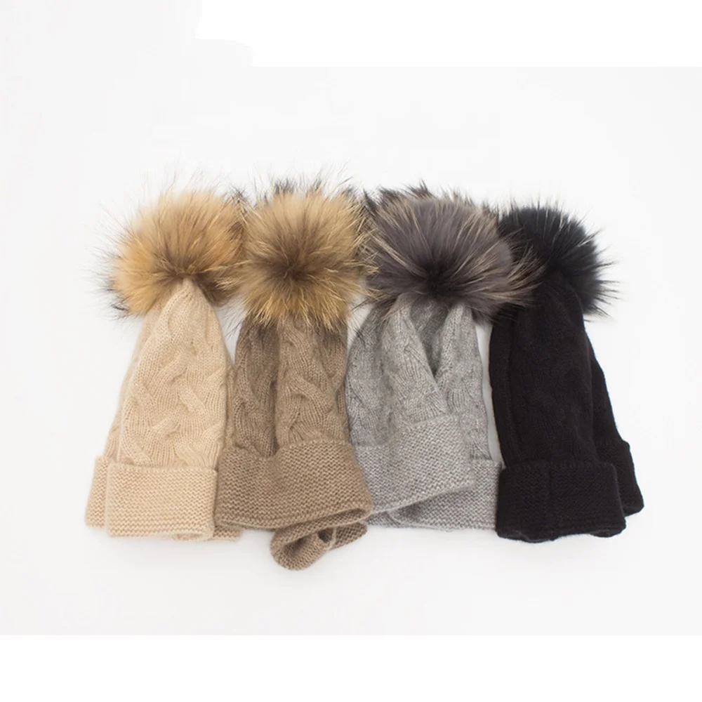 fox fur pom pom fashion women cashmere winter hats custom knit women warm ladies cuffed cashmere beanie hat