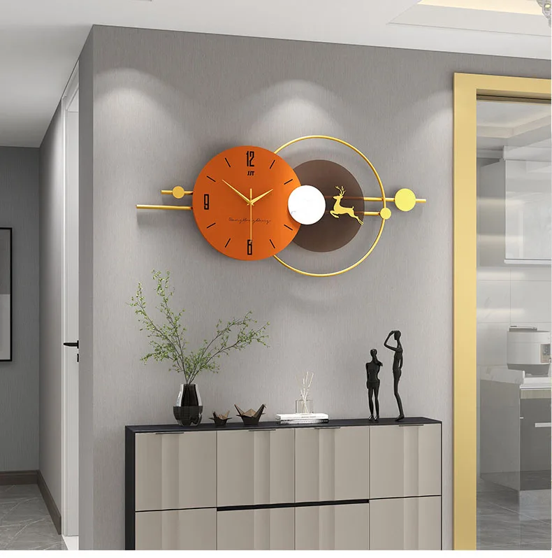 Hot Selling Nordic Silent Non-Ticking Orange Wall Art Clock For Living Room Dinning Room Home Decor Metal Decorative Wall Clocks
