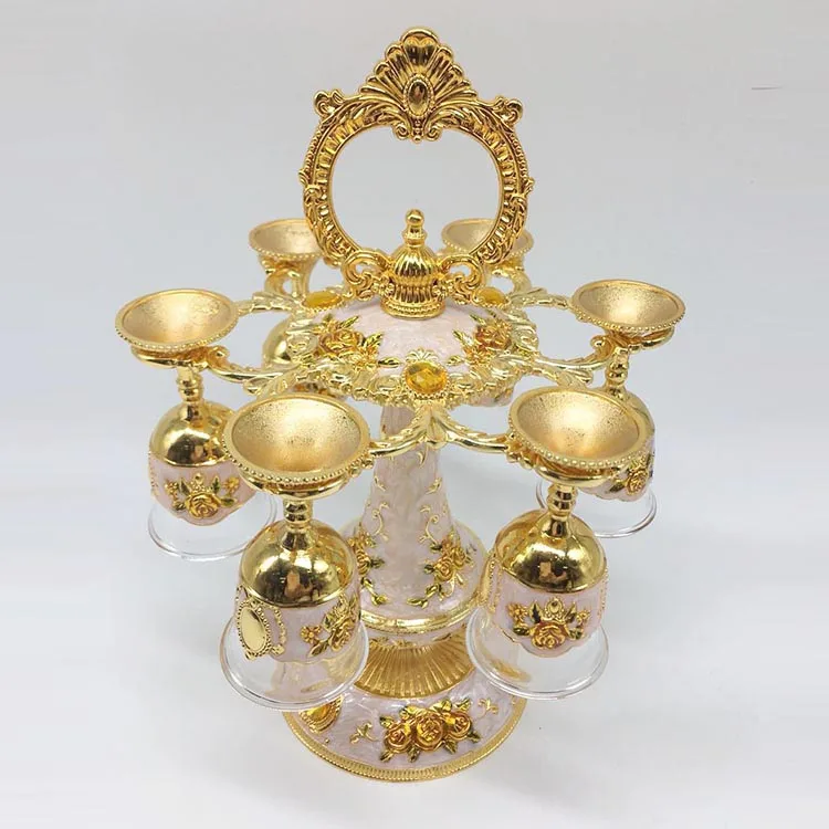arabic Shinny Gifts 6pcs cup Enamel Metal Wine Hanger Rack Wedding Favor Gift Sets,royal wine set with cup