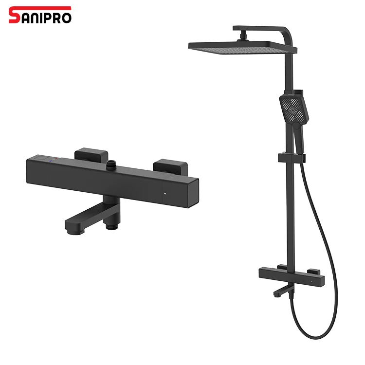 SANIPRO Zinc Alloy Black Bathroom Thermostatic Shower Faucet Mixer Set with Handheld Sprayer Bathtub Tap