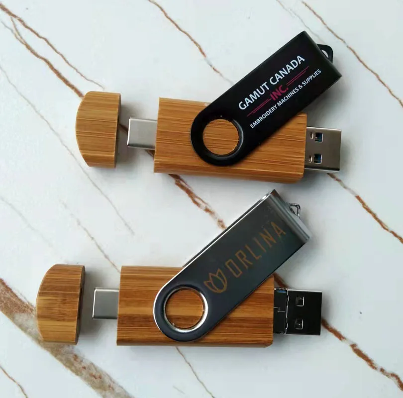 Customized Wooden Bamboo Swivel Twister OTG Type-C USB flash memory stick pen thumb drive for phone tablet notebook Pad Laptop