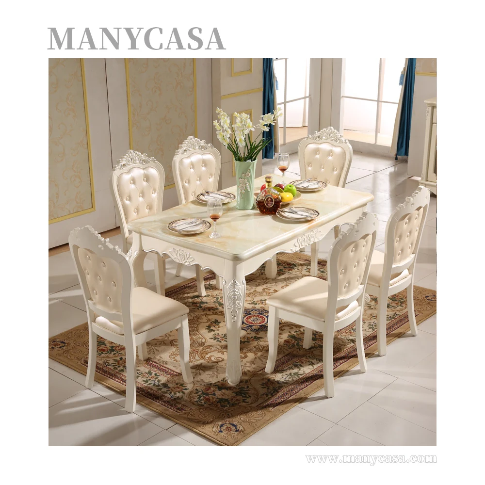 Popular Luxury Furniture Marble Top Rectangle Table Set Group Solid Wood Dining Table Set