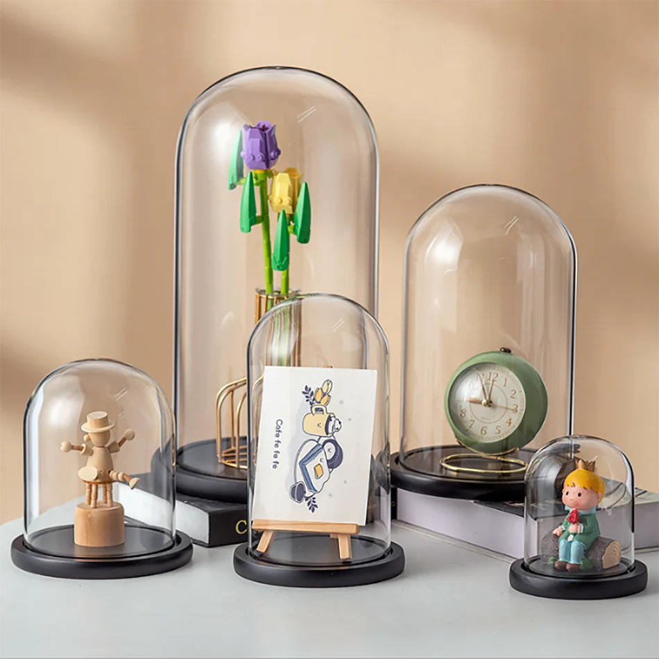 Display Decorative Custom Wholesale Glass cloche bell Dome With  wooden base bell dome with cork cloche glass dome