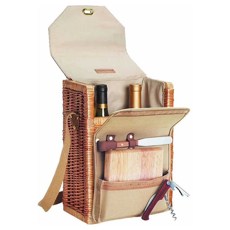 YRMT handmade 2 bottle wicker wine basket with dividers to hold 2 bottles of wine with handle