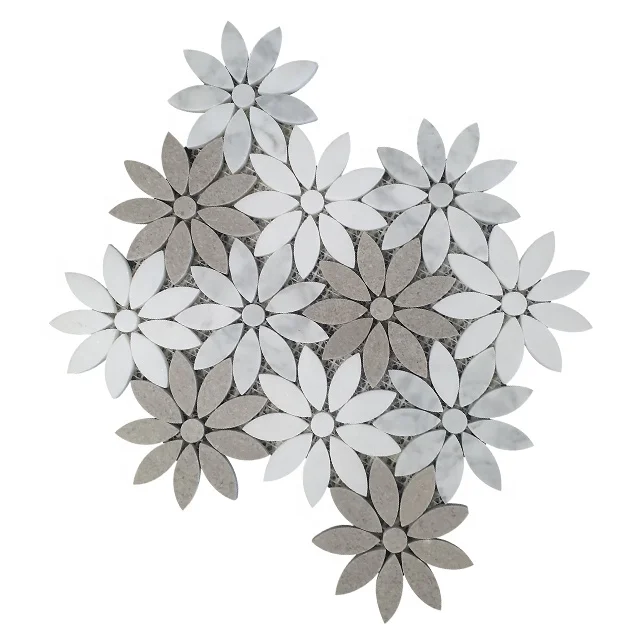 China Manufacturer Cinderella Gray and White Sun Flower Mosaic Kitchen Backsplash Wall Tiles