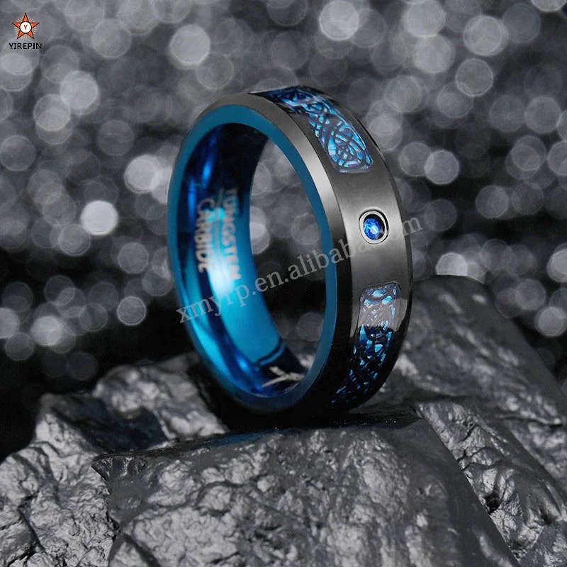 Fashion Black Tungsten Wedding Celtic Dragon Rings For Men Inlaid blue Zircon Punk Men Stainless Steel blue Carbon Fibre Ring