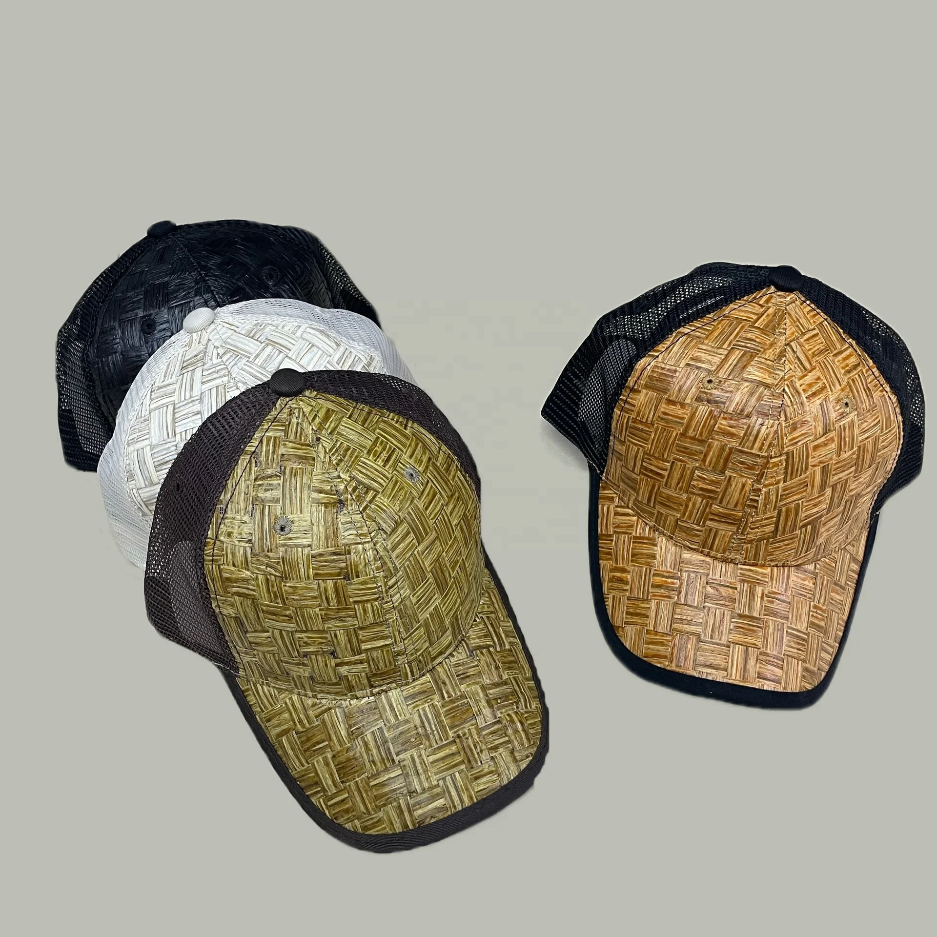 Costom 6 Panel Sports Snapback Hat Adjustable Cool Straw Trucker Hat Bamboo Handmade Woven Mesh Back Baseball Cap for Men Women