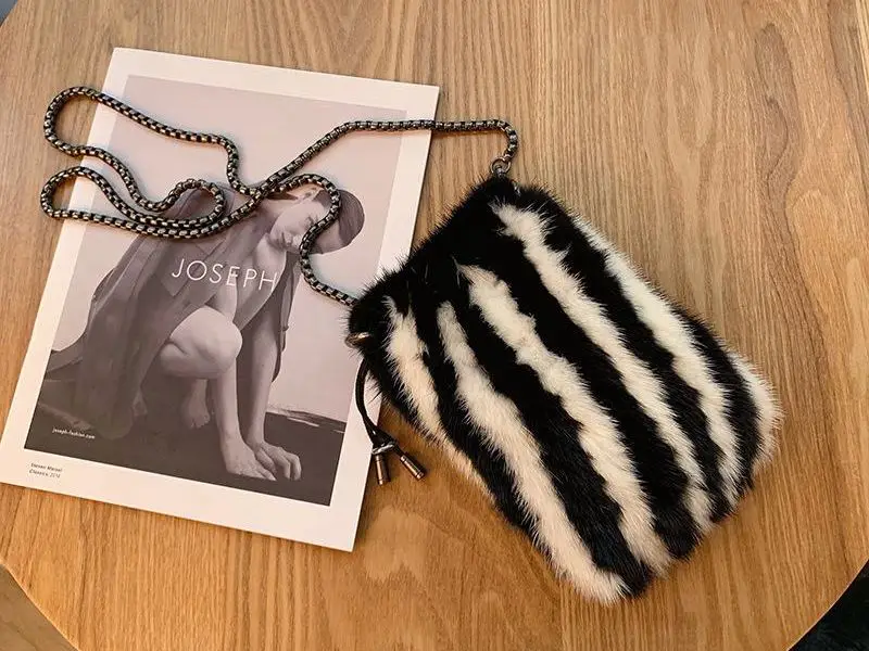 Handmade real mink fur bag knitted style mini fur purse women luxury fur shoulder phone case