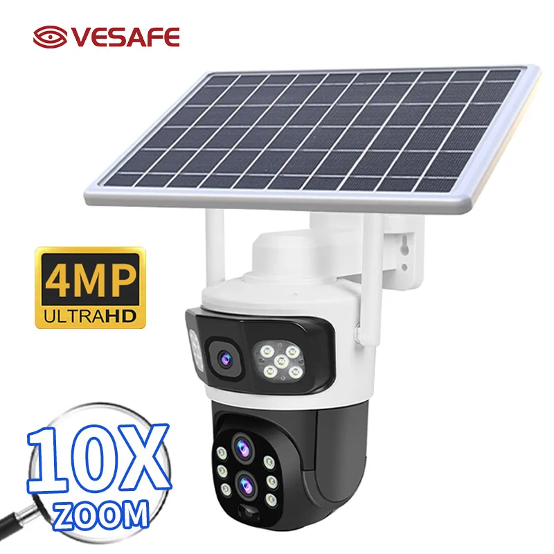 VESAFE New Product Outdoor 4g Three Screen Solar Panel Surveillance CCTV Security PTZ Camera Motion Detection Solar Camera