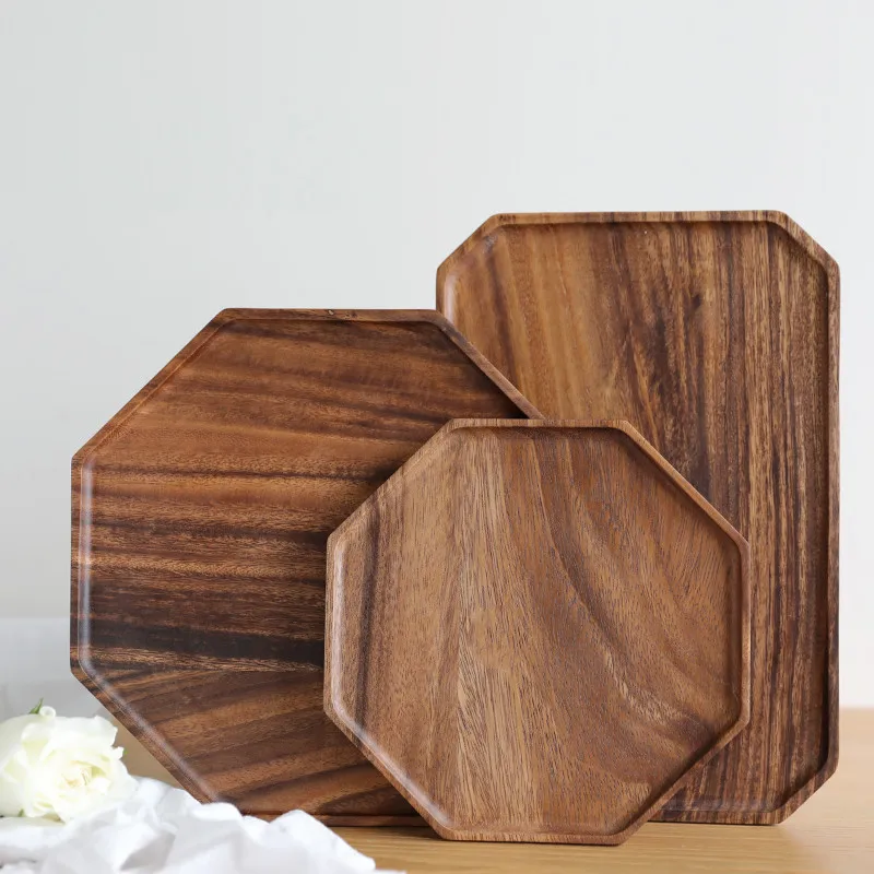 
Acacia flat bottom tea plate with snack plate restaurant wooden tray fruit plate 