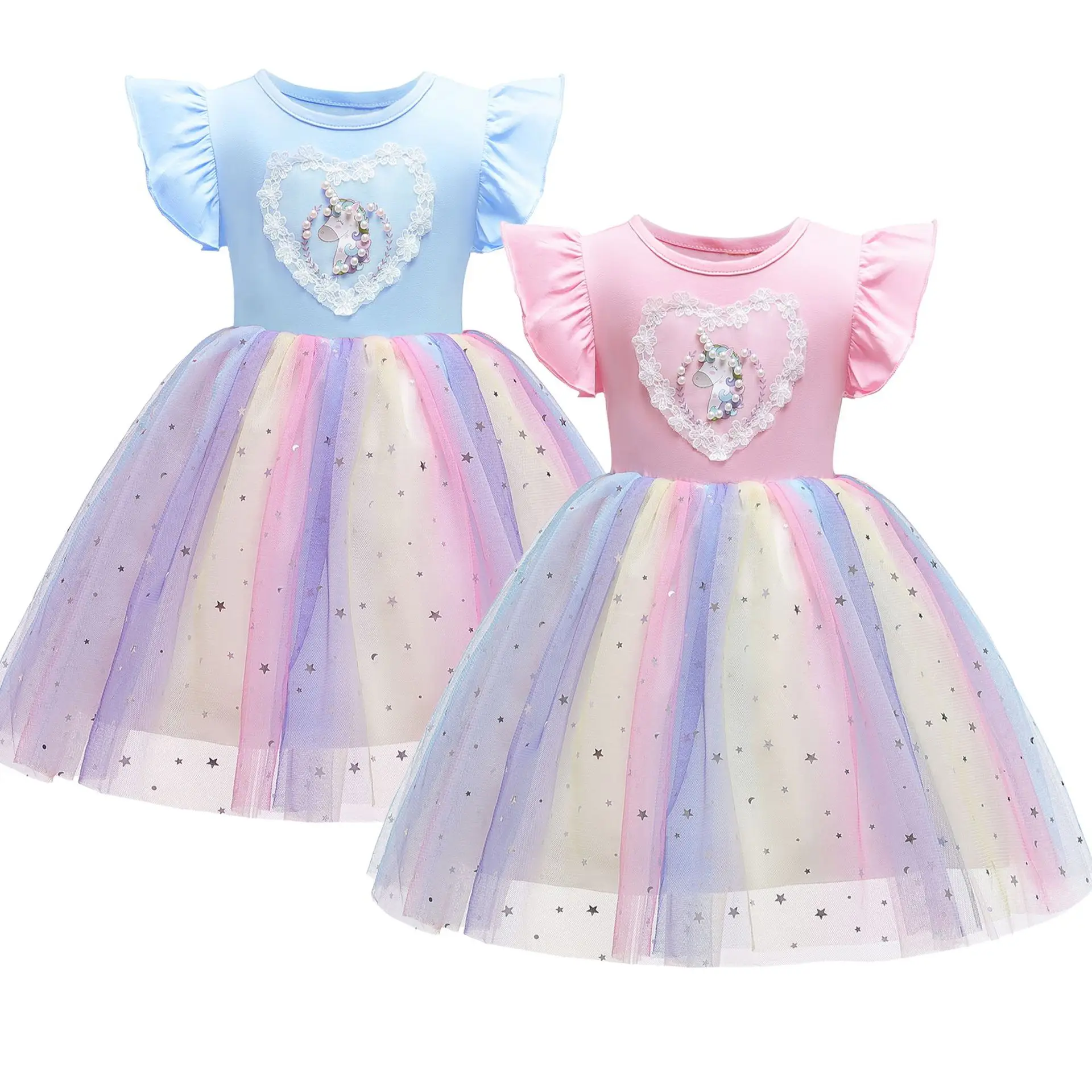 Wholesale 3-10 Years Girls Clothes Baby Children Clothes Lace Princess Short Sleeve Wedding Princess Dress Party Dress