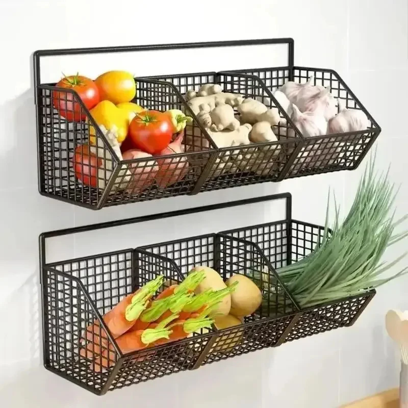Onion Ginger Garlic Vegetable Fruit Kitchen Waterproof Shelf Condiments Spice Punch-Free Drain Basket Wall Mounted Storage Rack