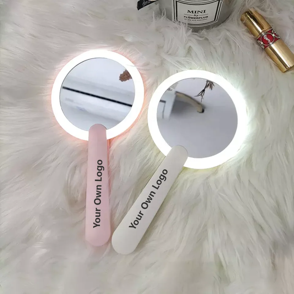 Custom wholesale mini mirror with led light hand held cosmetic beauty mini mirror with handle
