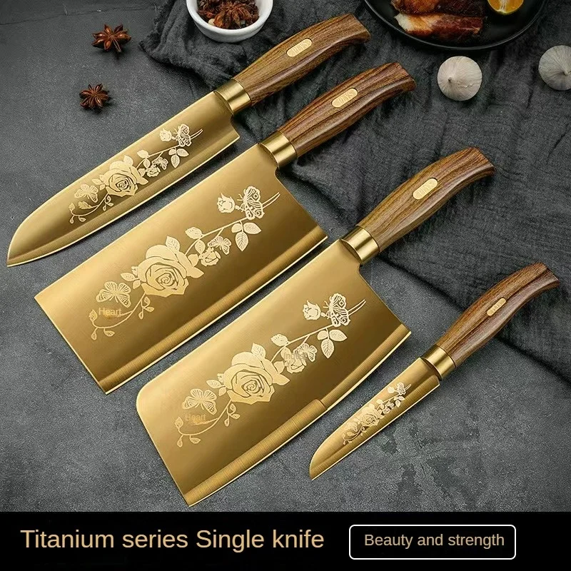 Wholesale Golden Kitchen Knife Set Stainless Steel Blade and Wood Grain Plastic Handle with Gold Titanium Coated Chef Knife Set