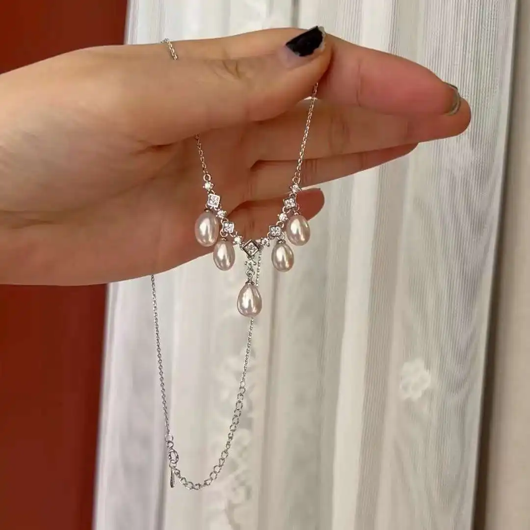 Explosion style struck lace multi-bead necklace peas chain 7-8mm  high quality freshwater rice pearl necklace ladies necklace