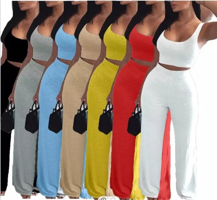 Women High Waist Wide Leg Pant Tracksuits Solid Color Tank Top And Pants 2 Piece Sets Casual Sport Suits Custom Logo Clothing
