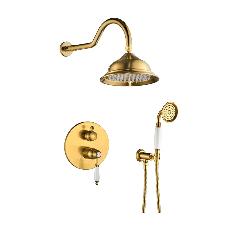 Classic Gold Antique Round Wall Mounted 2 Way Brass Concealed Bathroom Rainfall Shower Faucet Bath Shower Set