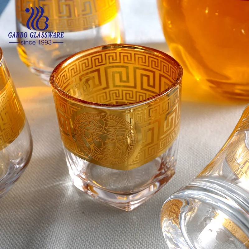 Golden rim glass pitcher and cups set for Arabic tea unfading ion electroplated color glass drinking jug and tumblers set of 7