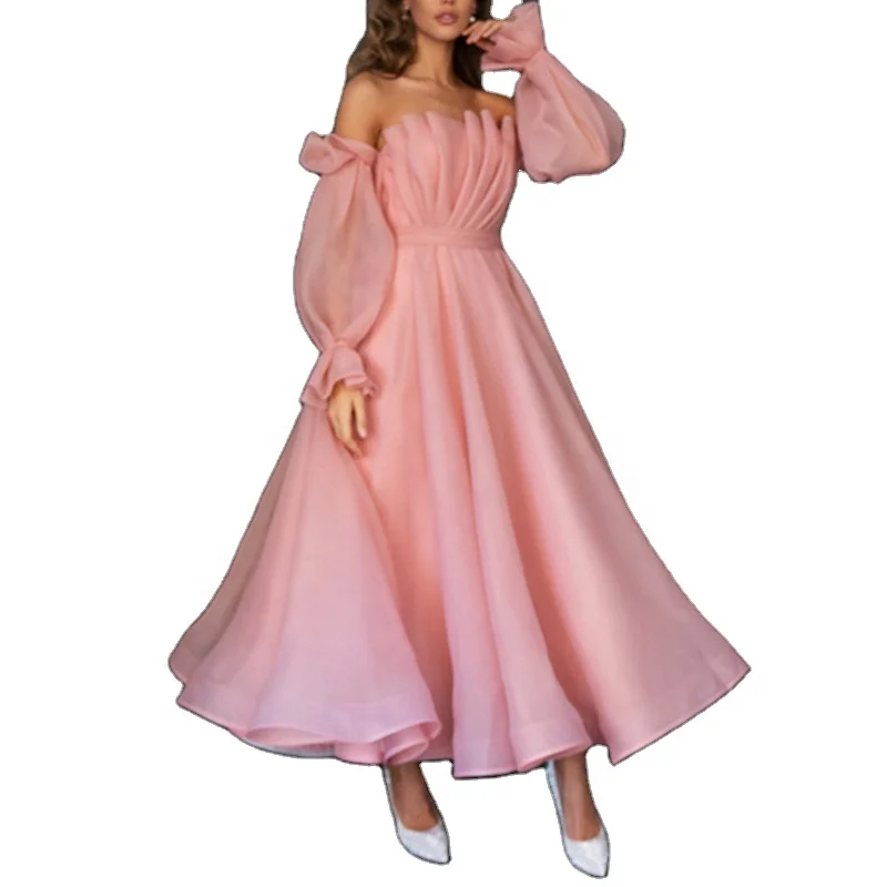 Оптовая продажа, женское модное и элегантное облегающее Плиссированное розовое платье с длинными рукавами