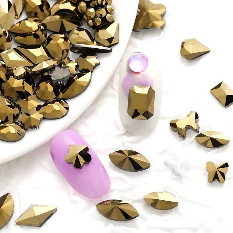 100 pcs/bag Mine Gold Flat Shaped Glass Rhinestones Nail Art Rhinestone For Nail