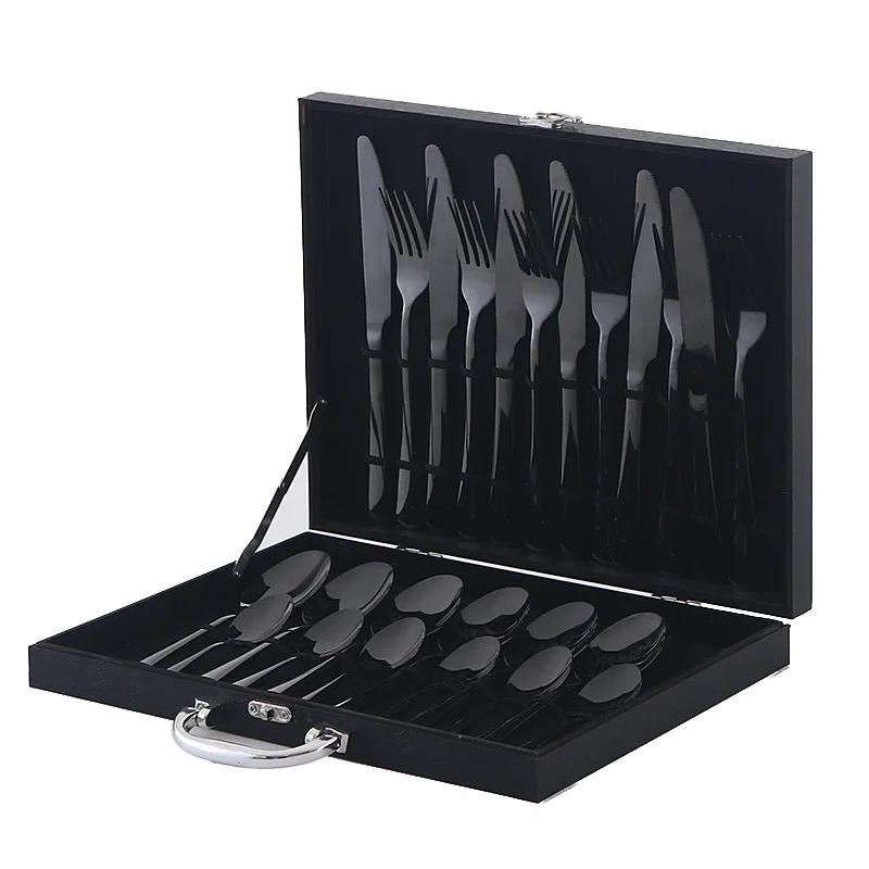 BST Custom logo 24 pcs flatware tableware fork knife spoon luxury cutlery set stainless steel with black wood gift box
