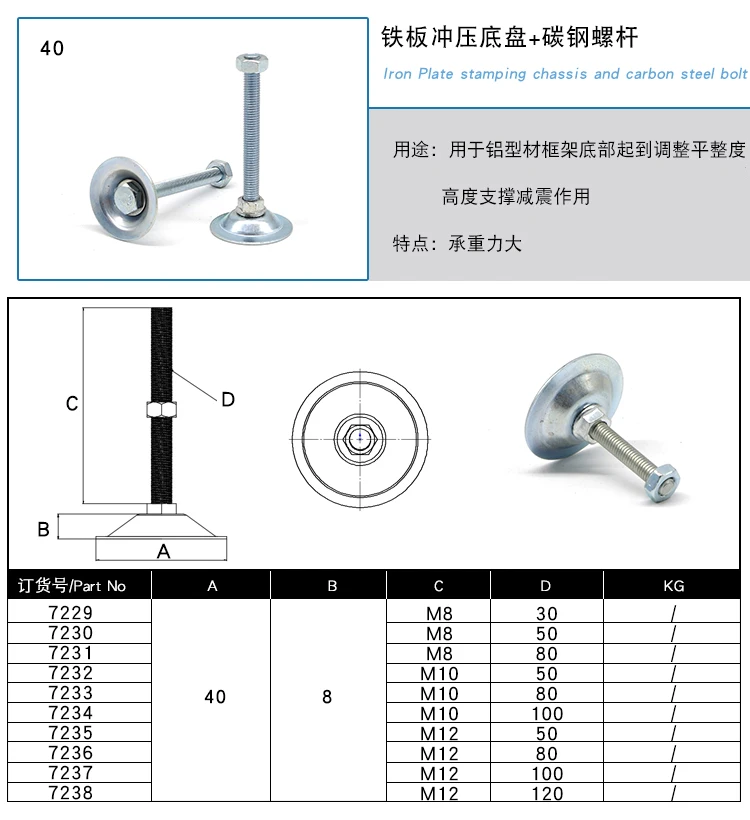 China supplier 50L-M8 *50 carbon steel zinc plated economy leveling feet for  machine /safety shield  /aluminum profile #7240