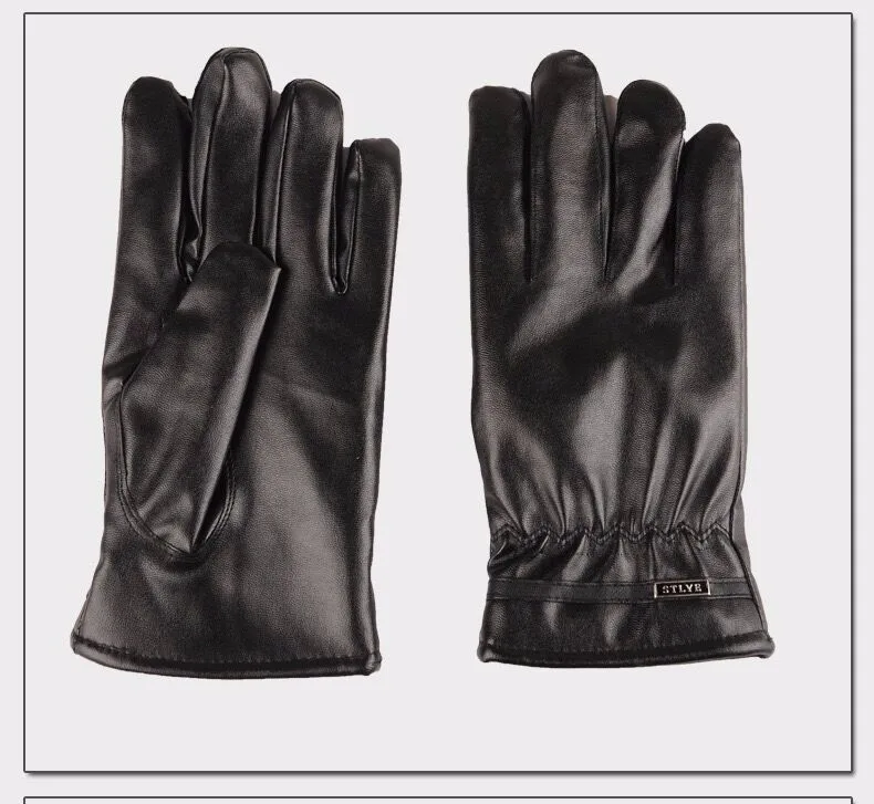 basic men winter waterproof touch screen pu leather mittens with plush lining