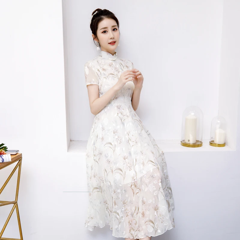 Китайский современный модный Чонсам новейшего дизайна, длинное расклешенное платье-Ципао с цветочным узором, шифоновое платье с коротким рукавом для женщин