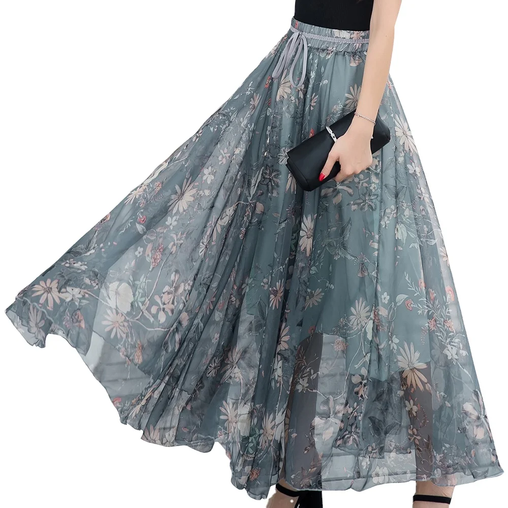 
Plus Size Flower Print Long Beach Chiffon Skirts 