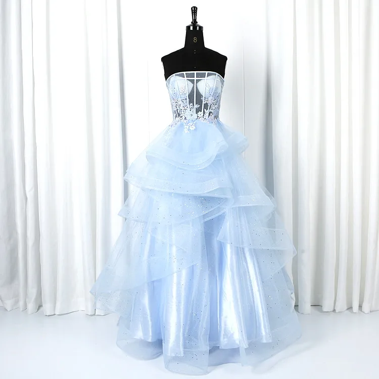 Реальное изображение Тюлевое многослойное бальное платье quinceanera кружевное вышитое синее длинное вечернее для выпускного вечера платья