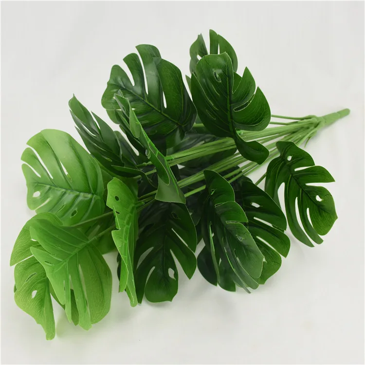 JD99   18-fork Faux Plastic Turtle Leaf Stem Artificial Small Monstera Tree for Home Decoration green leaves