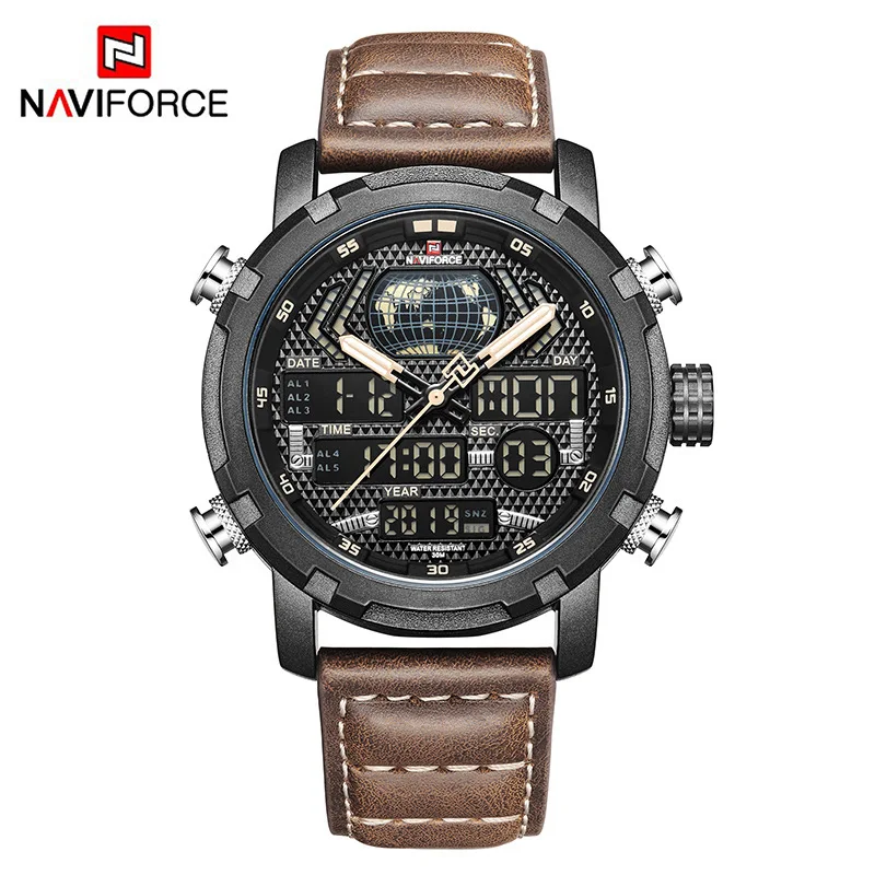Naviforce 9160 роскошные Цифровые Аналоговые спортивные наручные часы с ремешком из натуральной кожи мужские