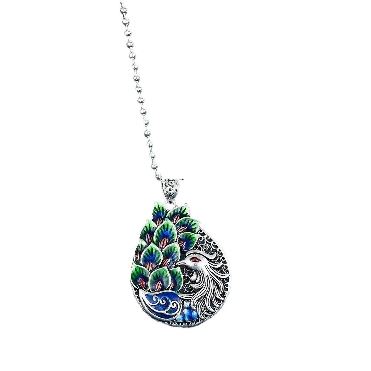 Chinese Style Colorful Phoenix Necklace For Women Ethnic Colorful Enamel Necklaces Vintage Cloisonne Peacock Flaunting Necklace