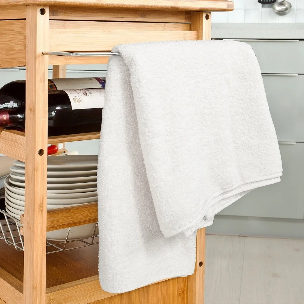 Modern Rustic Bamboo Kitchen Dining Cart Trolley with Sliding Drawer, Bottom Shelf and Metal Wire Baskets