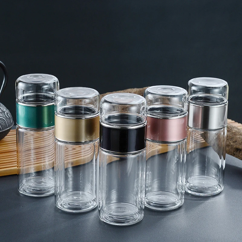 Seaygift customize borosilicate clear double wall insulation tea filter glass water bottle tea water separation glass cups