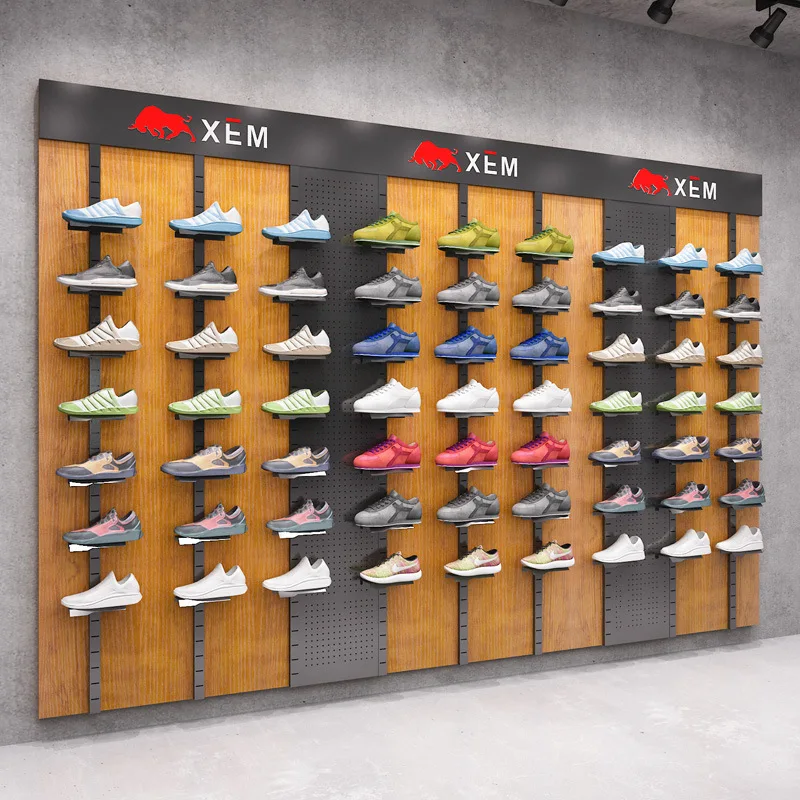 TOP Custom Sport Store Furniture Interior Design Metal base Footwear Display Rack wooden Shoes Display stand for Retail shop