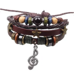 Women men crystal bead wood beads hemp rope braided multilayer metal stars leather bracelet with musical note pendant
