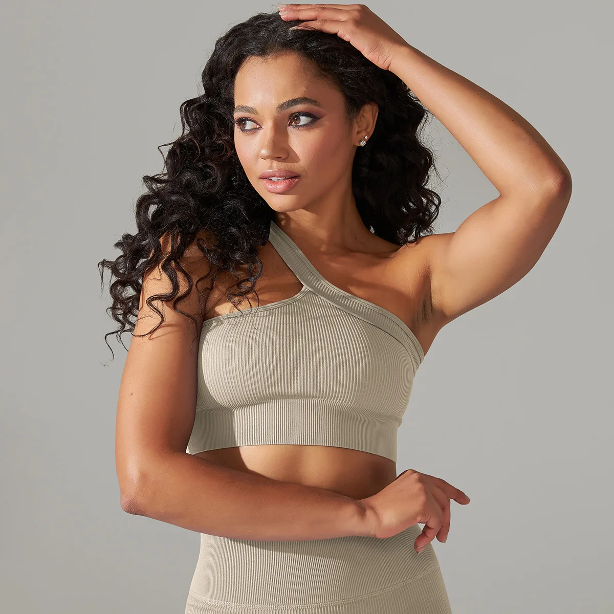 Seamless Knitted Solid Color Striped Breathable High Stretch One Shoulder Yoga Suit Set Sports Fitness Vest Trousers Two-piece