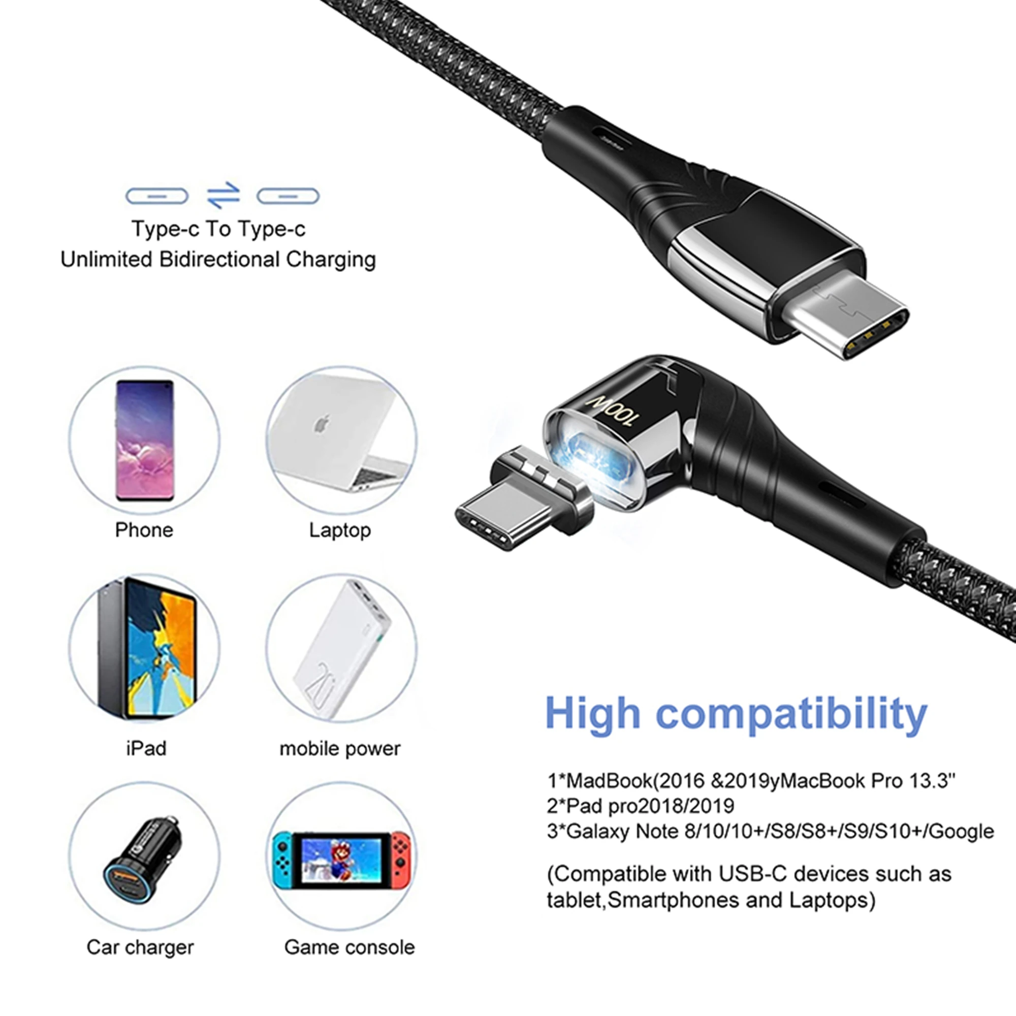 Aikede питания OEM Магнитный USB C кабель PD 100 Вт (20В/5А МАКС), USB-C для USB-C кабель для зарядки, 480Mbp/s передачи данных 5 контактов типа C
