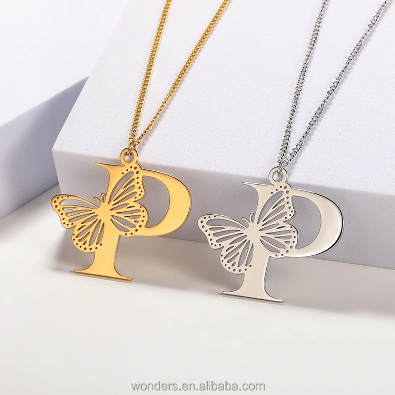 Inventory Stainless Steel Women Necklace Butterfly Initial Alphabets S M J Necklaces