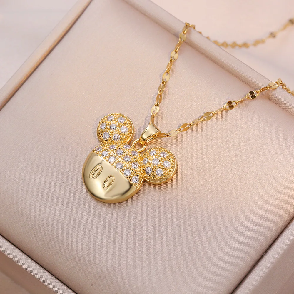 Fashion Waterproof Silver 18K Gold Plated Stainless Steel Diamond Zircon Women Mouse Ears Mickey Necklace Jewelry