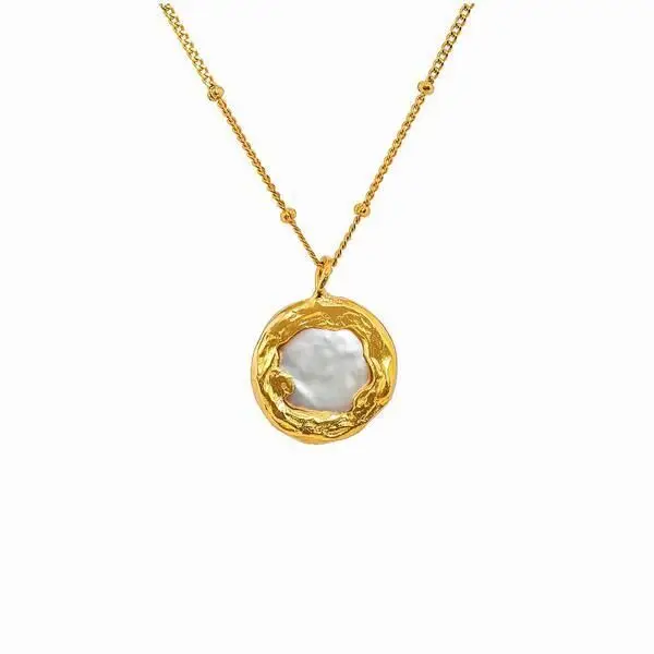 Natural Baroque Round Flat Pearl Pendant Necklace Women Textured Coin Gold Plated Necklaces