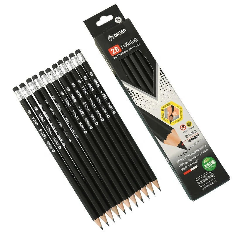 DASHENG 12 Pcs Set High Quality 2B Black Wooden Pencils with Eraser Standard Office & School Promotional Pencils in Paper Box
