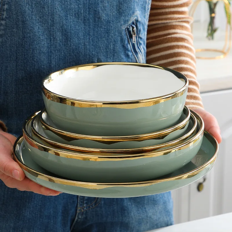 Nordic Household Tableware Gilt Edging Porcelain Plate Dish Rice Bowl Steak Plate Combination Light Green Simple Style
