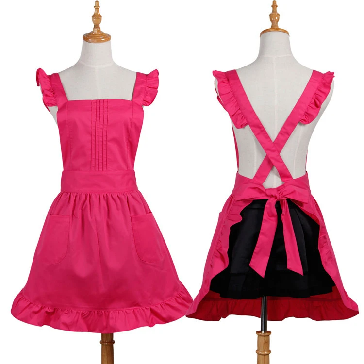 Женские розовые хлопковые фартуки с рюшами и карманами